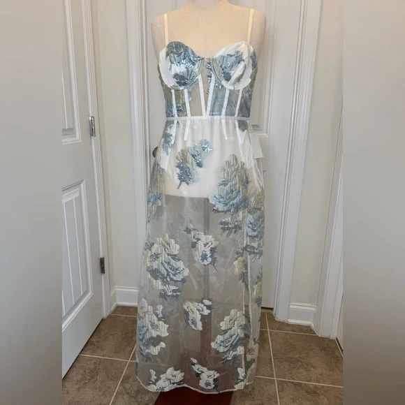 NWT For Love & Lemons Cody Organza Sheer Dress, White and Icicle Blue - XL - Picture 7 of 15